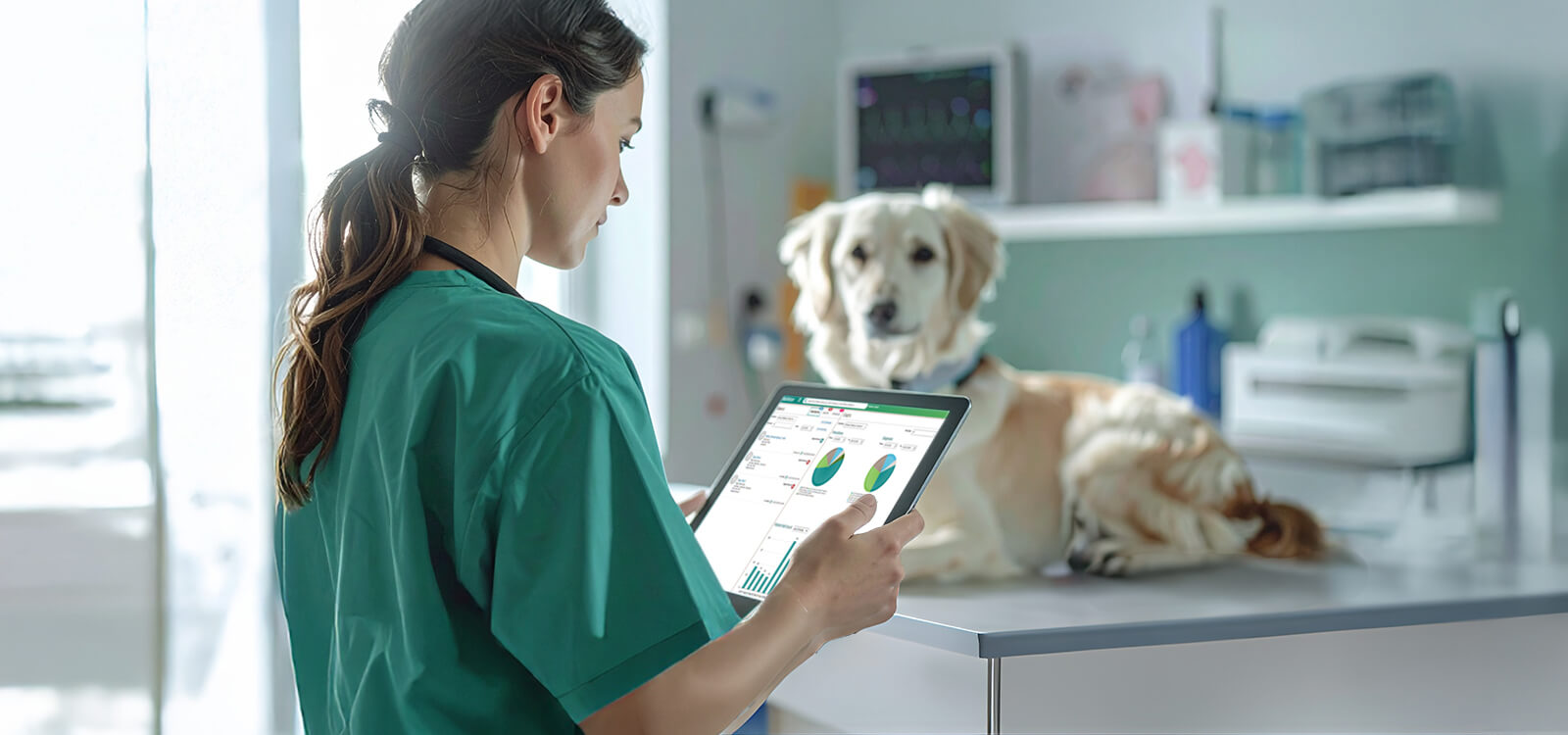 A veterinary practice owner comparing software options on a laptop